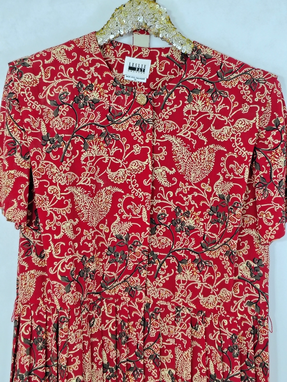 Vintage 80s Leslie Fay Women's Red Floral Midi Dress Sz 14 Secretary Volup Plus - Picture 4 of 8